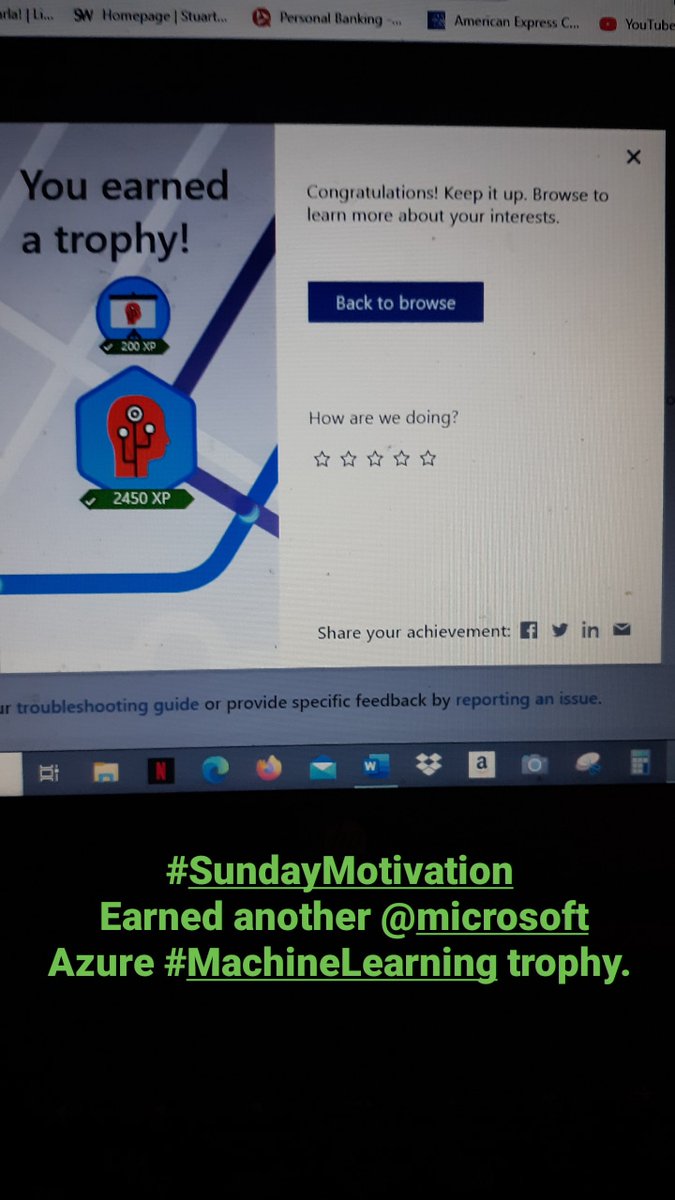 carlarjenkins's tweet image. #SundayMotivation Here's my @MicrosoftLearn #AzureMachineLearning trophy #100DaysofCloud #TwitterFamily! #microsoftazure #Azure #ArtificialIntelligence #MachineLearning #100DaysOfCode #100DaysofMLCode #OnlineTraining #cloudcomputing