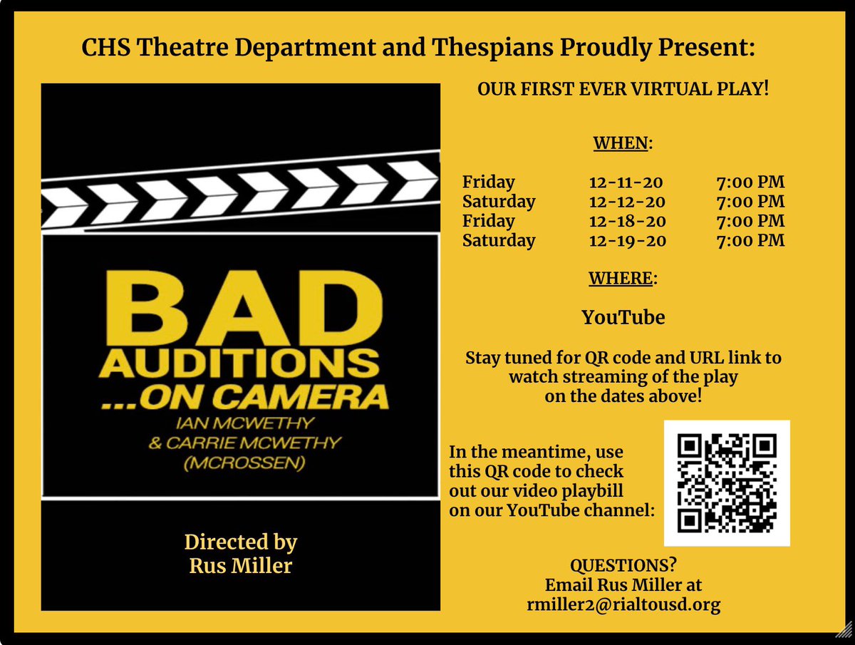<a href="/ganderson59/">Greg Anderson, Ed.D</a> CHS theatre’s first ever virtual play is almost here! check the flier below for dates &amp; times the play will be streamed. use the QR code to go to our youtube channel today to watch our (movie) playbill &amp; get further 411 about when and how to watch! 
#chstheatre