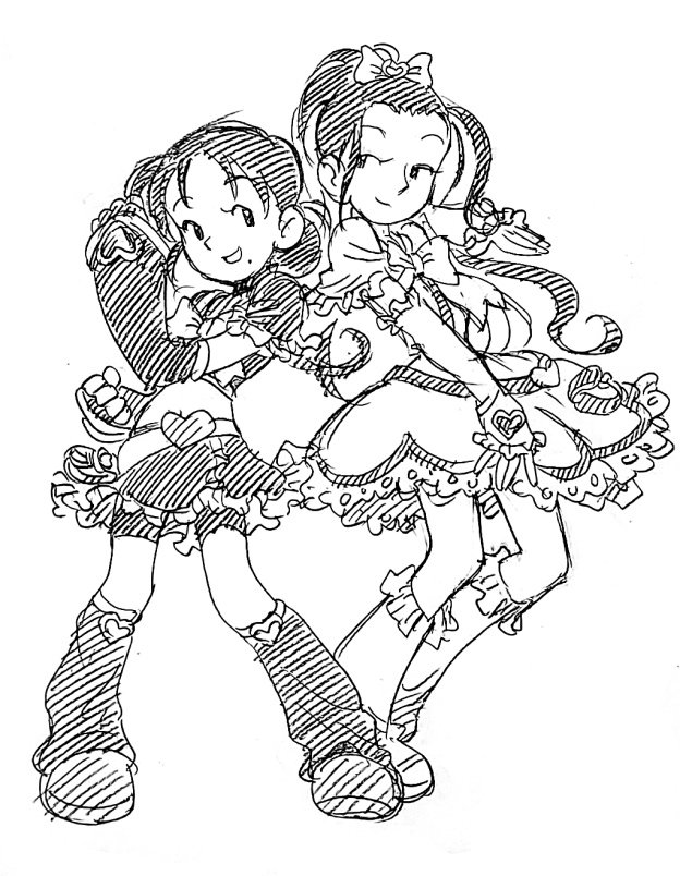 cure black ,cure white ,yukishiro honoka multiple girls 2girls monochrome greyscale magical girl boots cosplay  illustration images