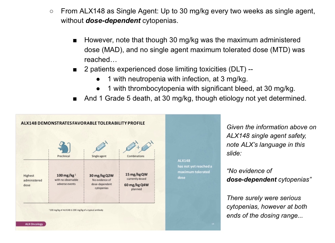  $TRIL  $ALXO What Alx doesn't bring up, &  $TRIL is too classy to, is that back when ALX148 was in MONO dose escalation, there were 2 DLTs (& one pot'ly unrelated pt death), though  $ALXO conveniently words these instances as "No Evidence of -dose-dependent- cytopenias":