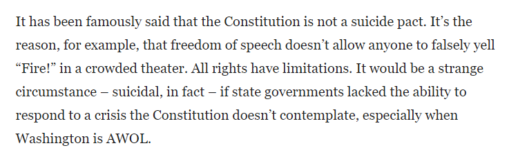 4/ Unsurprisingly, you don't fare much better after that, managing to fit MULTIPLE  @Popehat tropes into a single paragraph. "All rights have limitations" doesn't actually SAY anything. See more about how inconceivably dumb this paragraph is here:  https://www.popehat.com/2015/05/19/how-to-spot-and-critique-censorship-tropes-in-the-medias-coverage-of-free-speech-controversies/