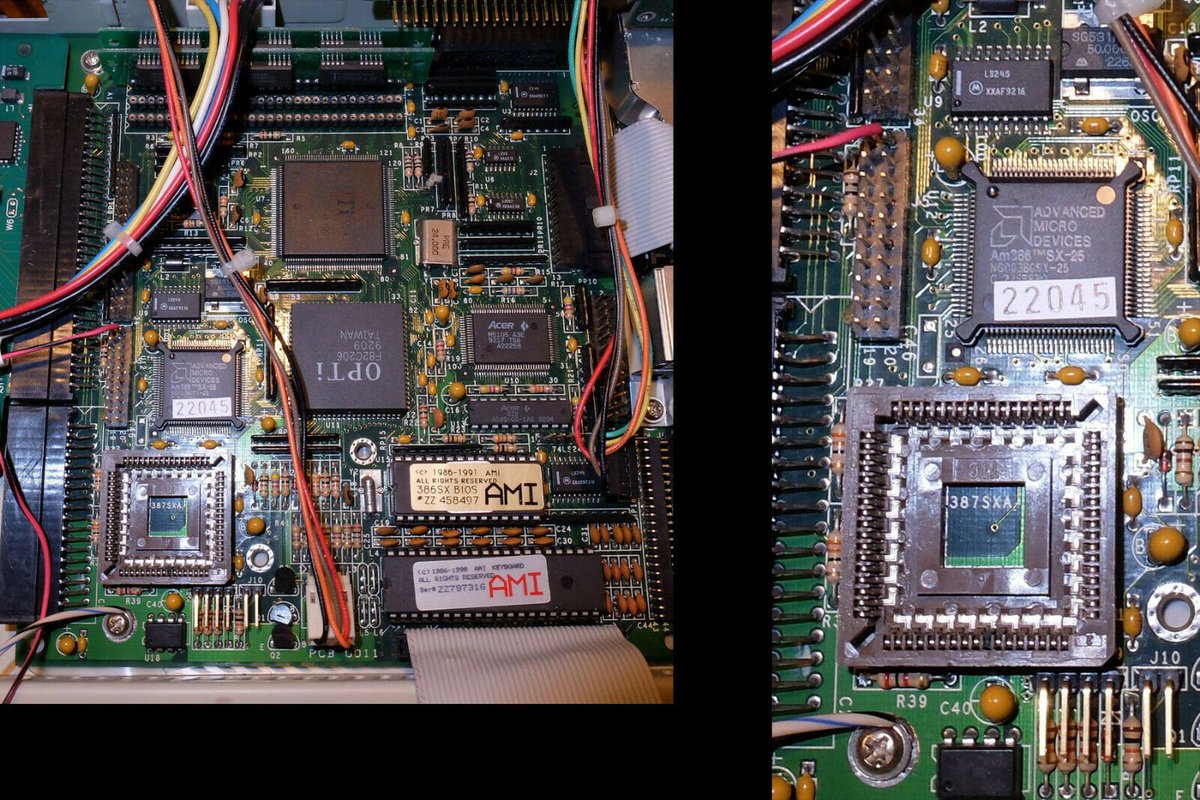 Up close on the motherboard reveals that this one is not a 486, it's using an AMD 386, chip, an Am386SX-25. It's also using that worst kind of SIMM memory, the kind where it's got a bunch of pins that you have to shove into a socket, instead of having contacts.
