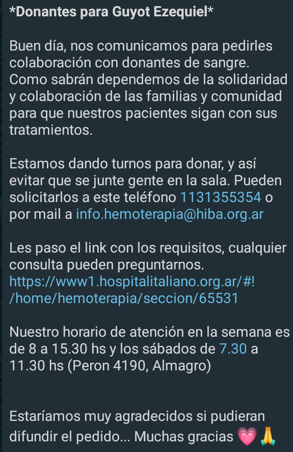 Hola, podrían darme una mano dando RT, necesito reponer sangre al banco del Hospital Italiano, por una cirugía, y ahora una nueva transfusión... Cualquier tipo de sangre sirve! Muchas gracias!
