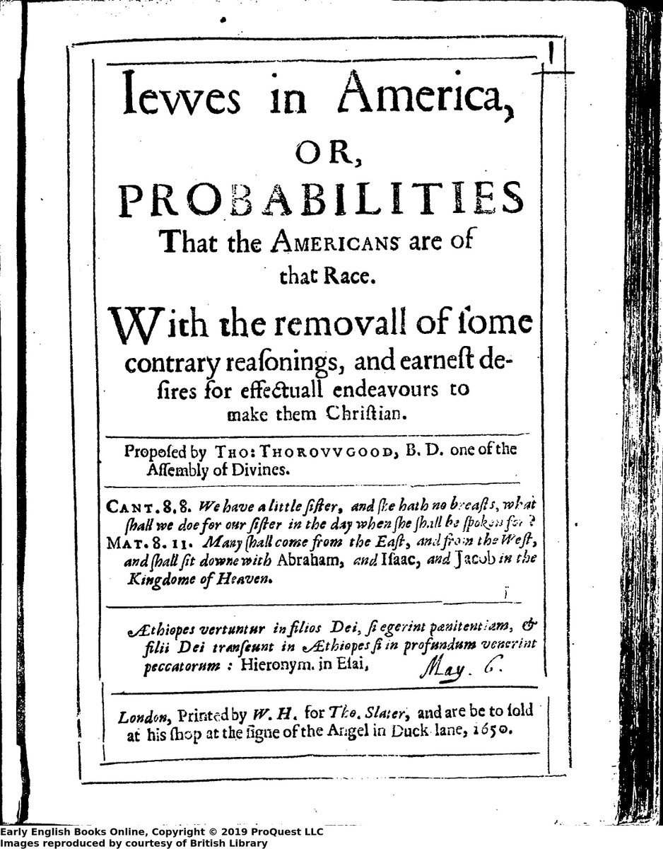 In 1650, Thomas Thorowgood published "Iewes in America," which argued that all the Indigenous peoples in the Americas were descendants of the lost tribes of Israel. It's worth noting that Thorowgood never went to the Americas and almost definitely never actually met a Jew. 2/14