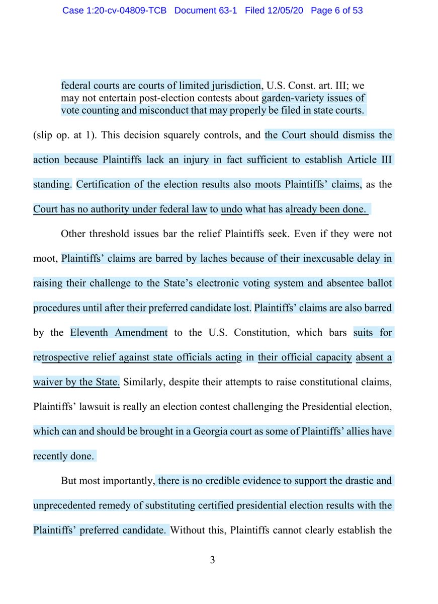 this is a very satisfying read“Plaintiffs did not bring this election challenge in state court ...change the election outcome by judicial fiat...“de-certify” the results of the election.. replace the presidential electors for President Trump” https://ecf.gand.uscourts.gov/doc1/055113210532