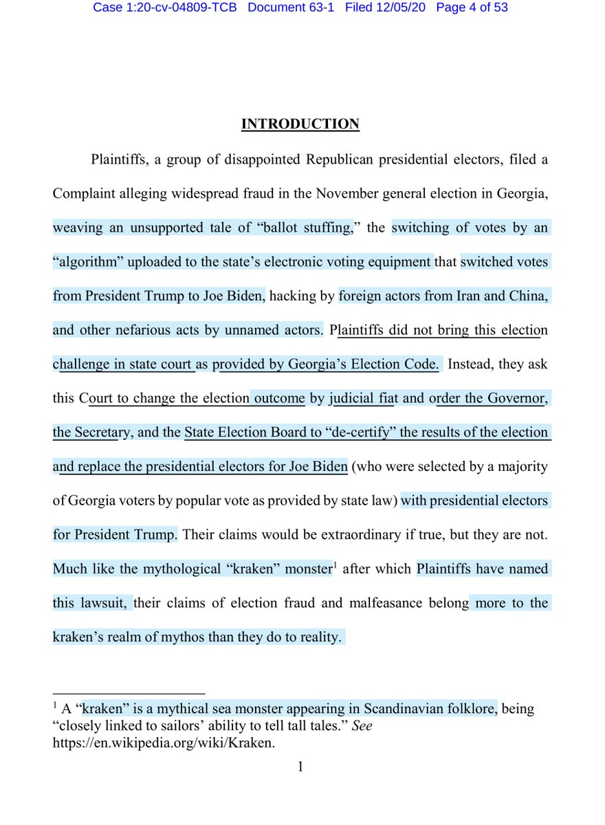 this is a very satisfying read“Plaintiffs did not bring this election challenge in state court ...change the election outcome by judicial fiat...“de-certify” the results of the election.. replace the presidential electors for President Trump” https://ecf.gand.uscourts.gov/doc1/055113210532