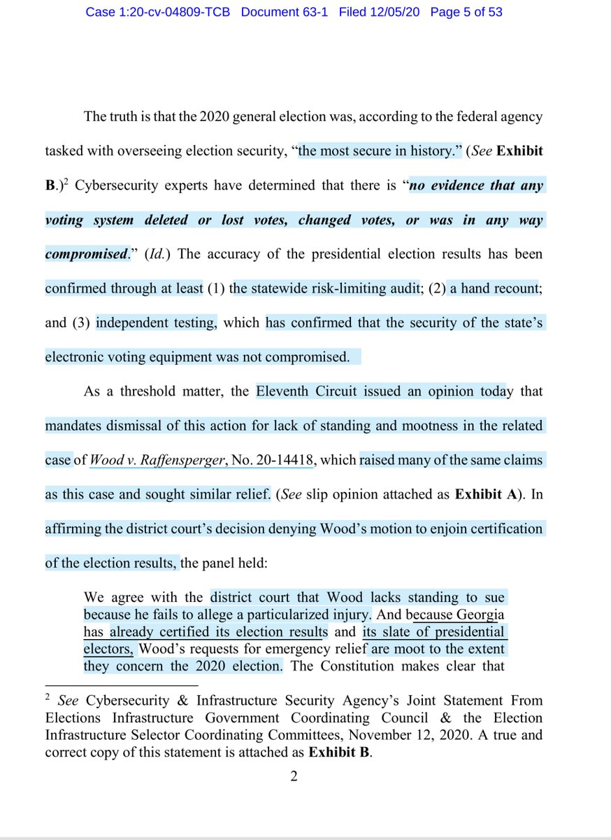 this is a very satisfying read“Plaintiffs did not bring this election challenge in state court ...change the election outcome by judicial fiat...“de-certify” the results of the election.. replace the presidential electors for President Trump” https://ecf.gand.uscourts.gov/doc1/055113210532