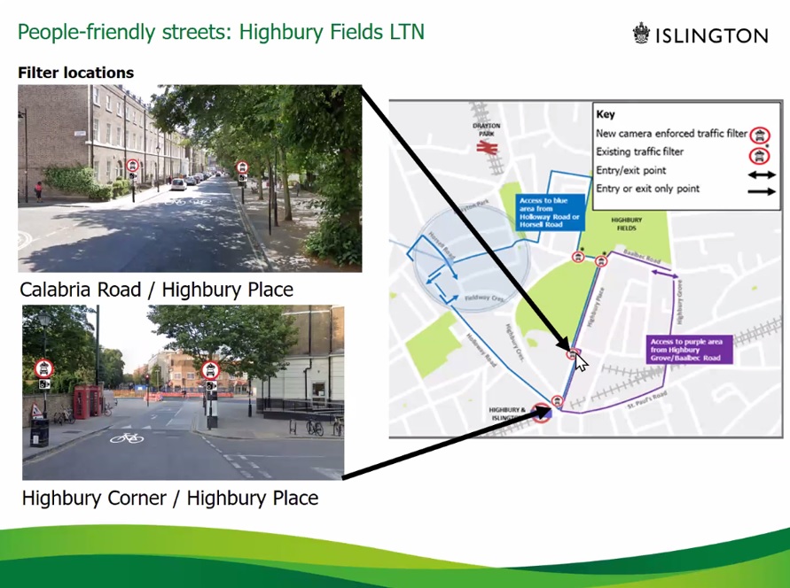 Highbury Fields and Highbury West schemes designed to prevent residential streets from being used to cut through, as well as encouraging people to walk, cycle or use public transport especially for shorter journeys. 7/14