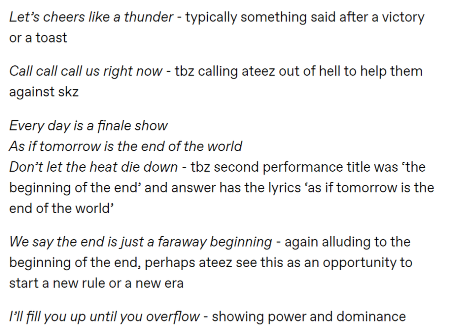 the choice of song tho i think ateez could very well have done just inception and thanxx and called it a day, but i think they very decisively chose answer for the full length song bc that song has lyrics like these: