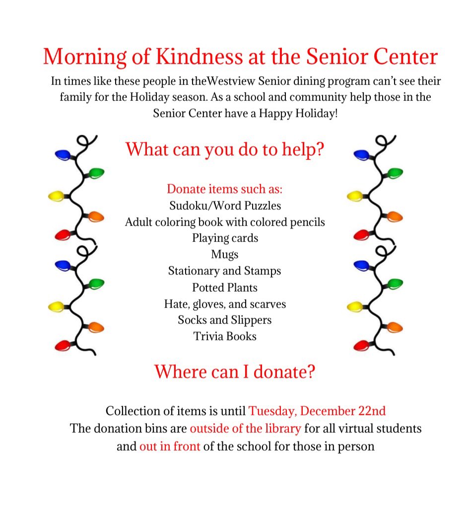 For this Holiday season help out with Morning of Kindness at the Senior Center! Donate any of the items listed above at the drop off stops at Colonie High School!