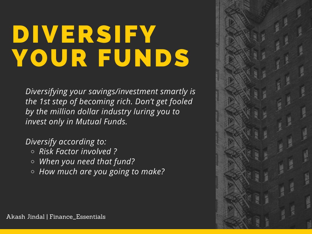 Excited to launch a 7-day series focussing on Smart Investment and Planning.
Day 1: Diversify your funds

Relying only on 1 type of investment isn't the way to go about it. Don't put all your eggs in 1 basket. Diversify.

#changeyourmindset #investing #finance #financialplanning