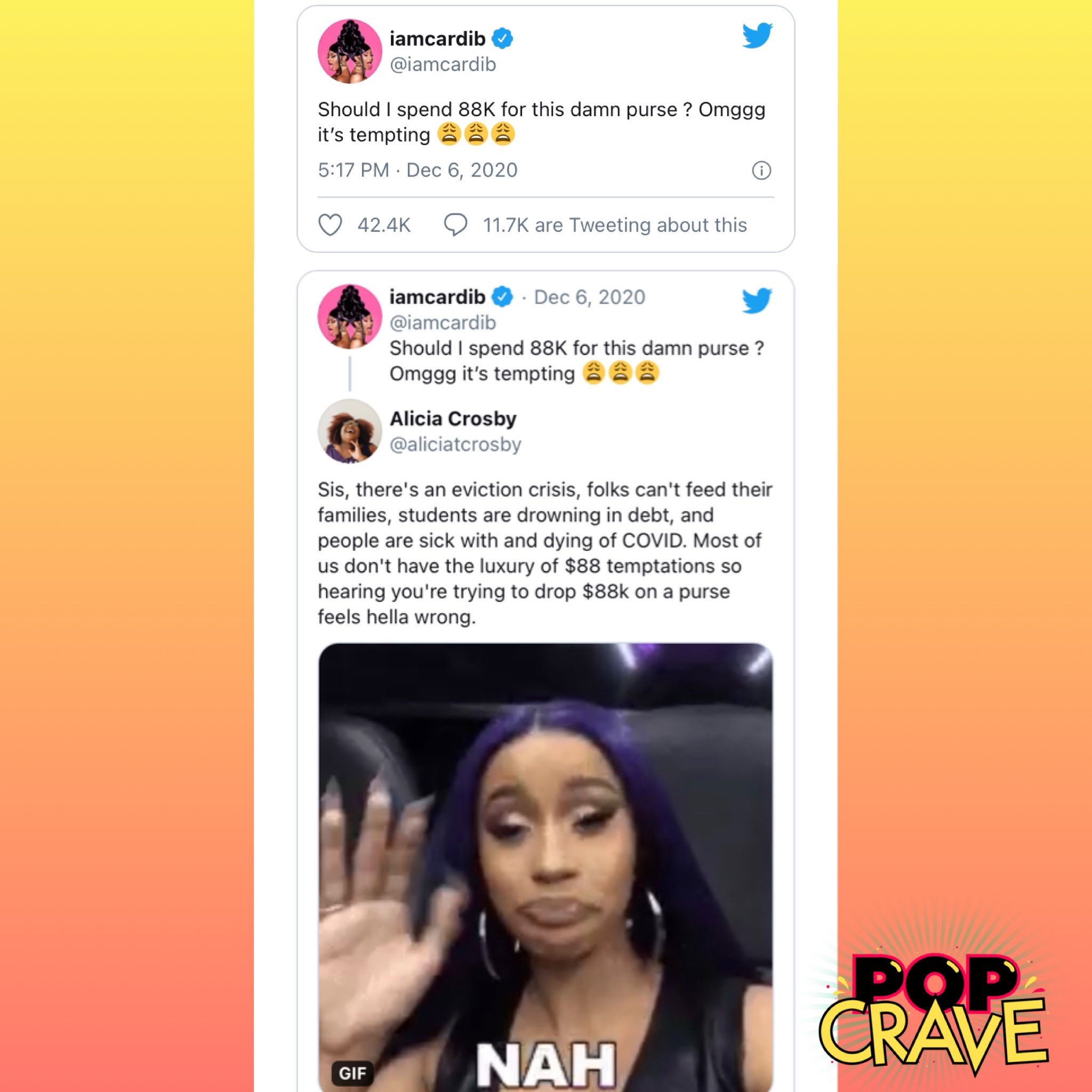 Pop Crave on X Cardi B responds to backlash after asking her followers if she should buy a 88 000 purse. The rapper offered to match donations to charities if people shared their