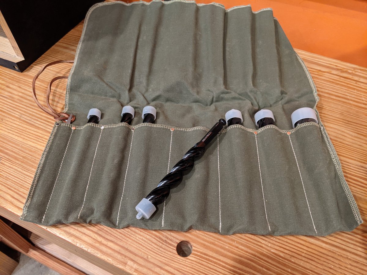 Next there is a roll of Wood Owl auger bits, stored in a canvas roll I bought from a WoodNetter years ago. These bits absolutely live up to the hype.