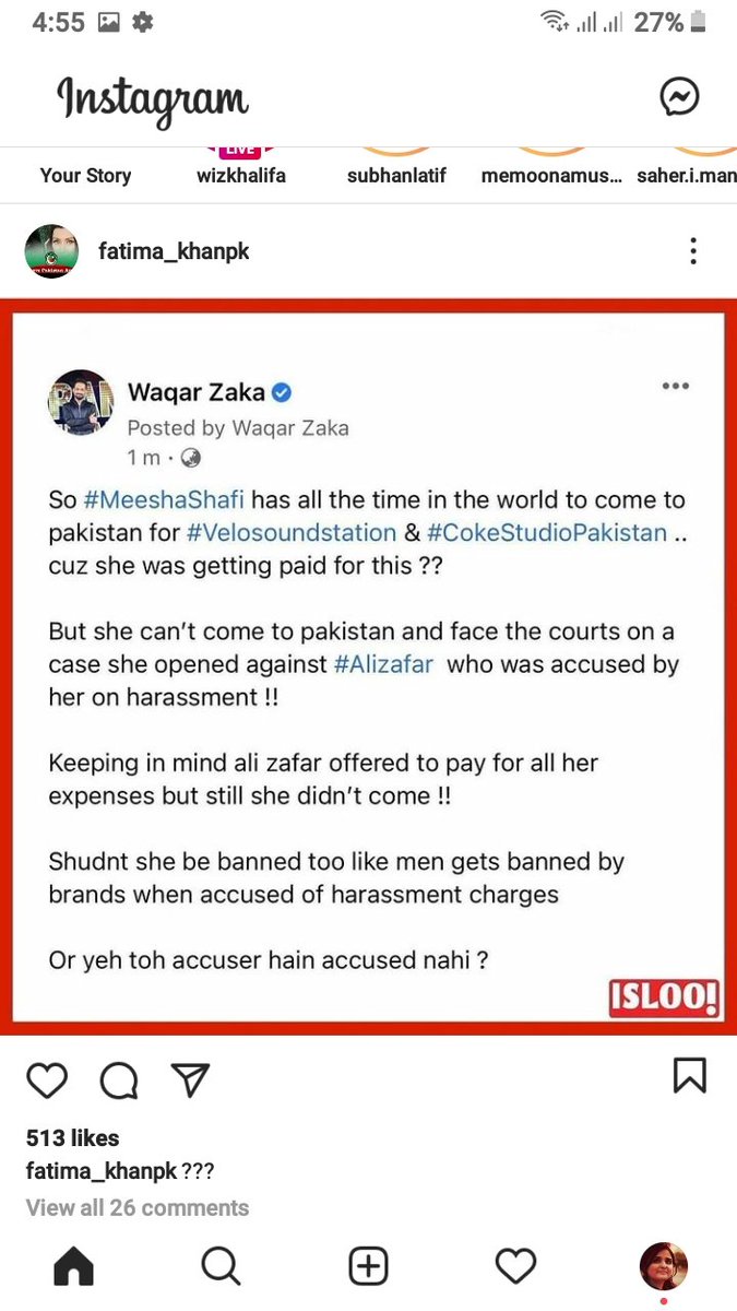 cezanouglu's tweet photo. Look at the post that is updated by #fatima at instagram from @ZakaWaqar status and then replied by #meshashafi with personal attack. @AliZafarsays 🤭🤭 samjh jayn. no word👍
where is #metoo madam meshashafi? shame on you.
#banemeshashafi #VeloSoundStation https://t.co/CZiIe9MmOt
