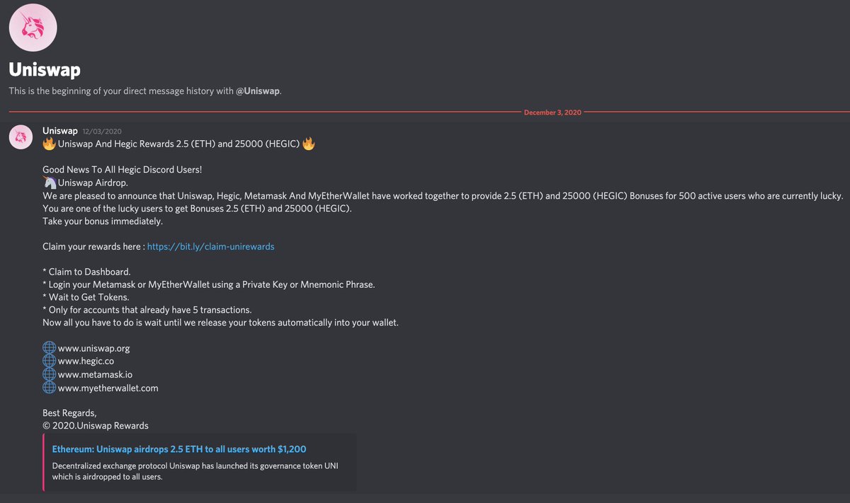 1/ The other day, I came across this on Discord: A fake  @UniswapProtocol account peddling a fake  @HegicOptions giveaway. To my eyes, this immediately had "scam" written all over it, but I had to appreciate that whoever was behind it went to great lengths to fool people.