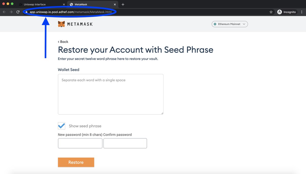 3/ To "claim accumulated ETH rewards" you're required to connect your wallet on a fake MetaMask page that asks for your 12-seed phrase. You can guess where this goes... Some takeaways on why this kind of scam is going to be the norm, and what we need to do about it: