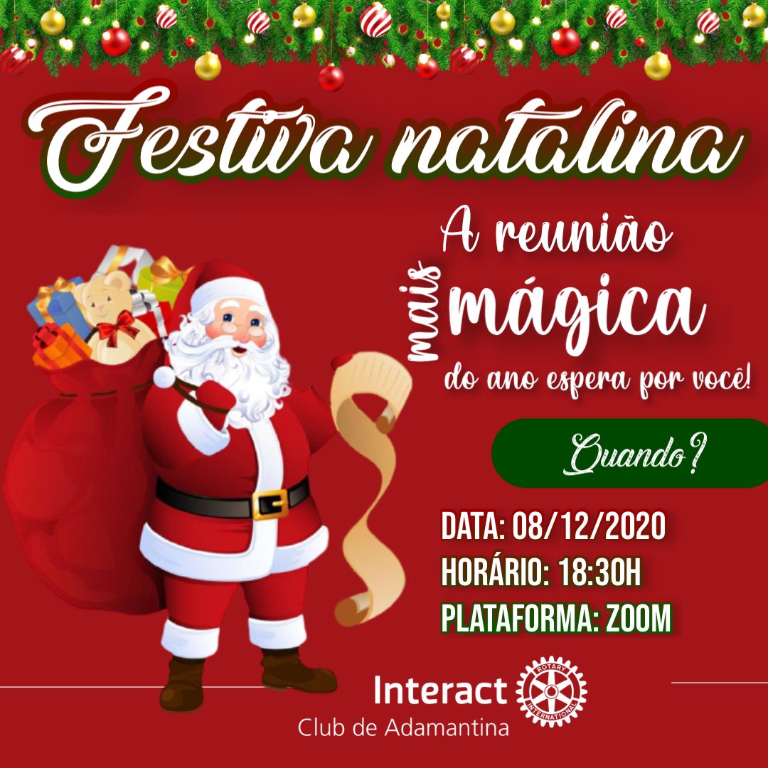 InteractAdt's tweet image. ⏰ Fim de domingo é hora de que?

É HORA DE PROGRAMAR AS REUNIÕES DA SEMANA!🎊

- - - - - - - 

🗓 Então já deixa anotadinho que, TERÇA às 18h30 teremos FESTIVA DE NATAL no Interact Club de Adamantina! 

🎄 A reunião mais MÁGICA do ano espera por você! 

HO HO HO! 🎅🏽