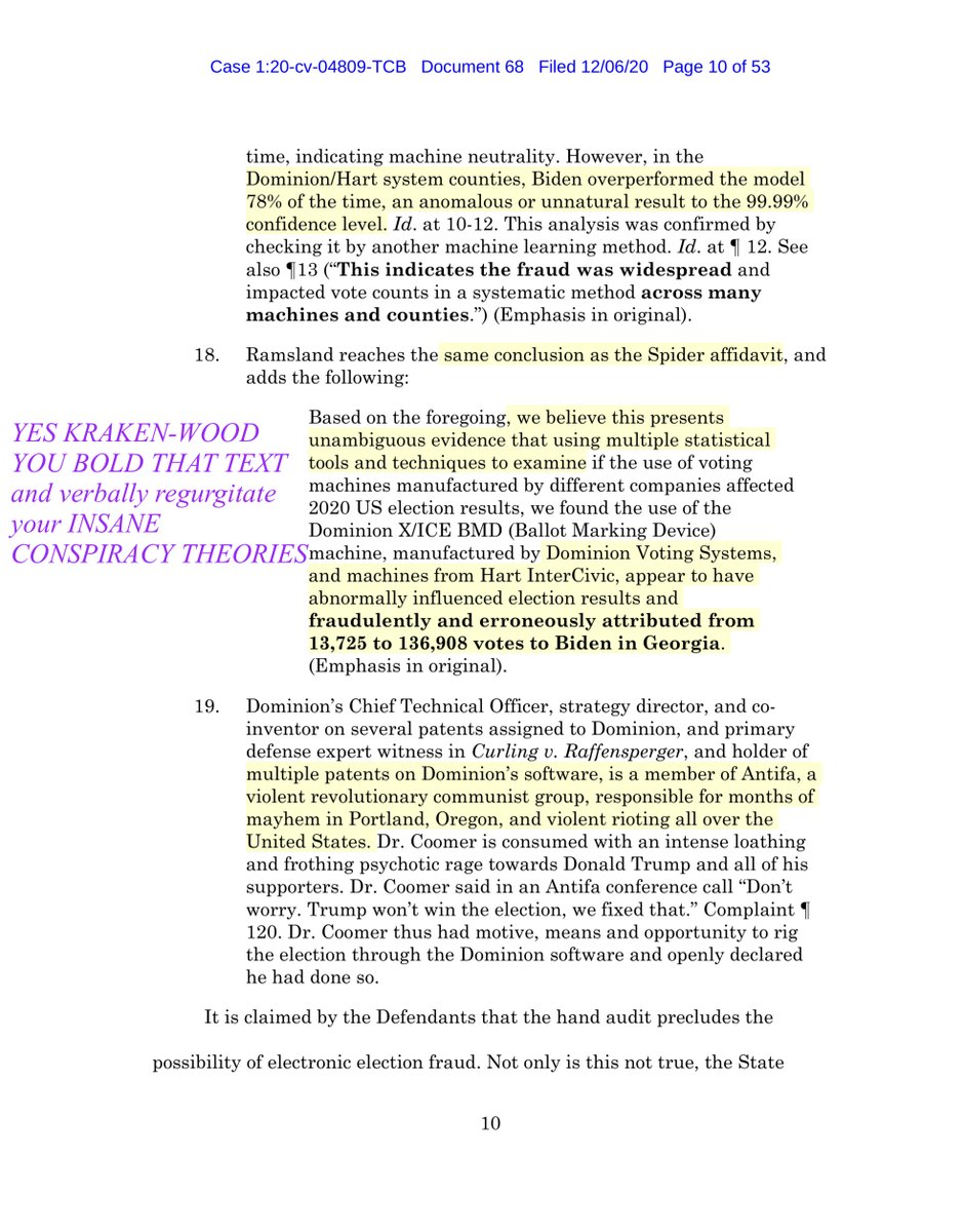 I’m serious  @SidneyPowell1 acts like she’s crazyHer filings are nonsensical, riddled with typos (LOLs irony is not lost on me), heaving on QANON-SENSE Conspiracy “theories”, heavier on bombastic language & utterly anemic on actual factsBEJESUS SHE‘S FUCKING CRAZY