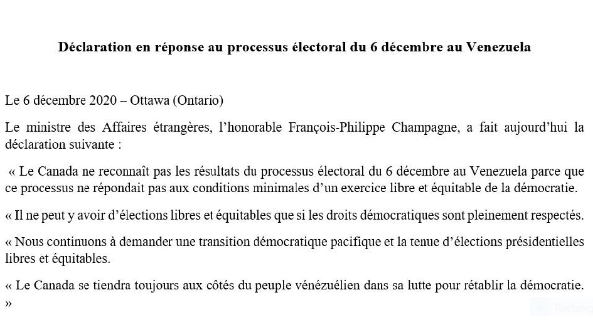 FP_Champagne's tweet photo. Le Canada ne reconnaîtra pas les résultats du scrutin du 6 décembre au #Venezuela. Nous sommes solidaires du peuple du 🇻🇪 dans sa lutte pour rétablir la #démocratie.

Ma déclaration : https://t.co/F5WfCCUsMw