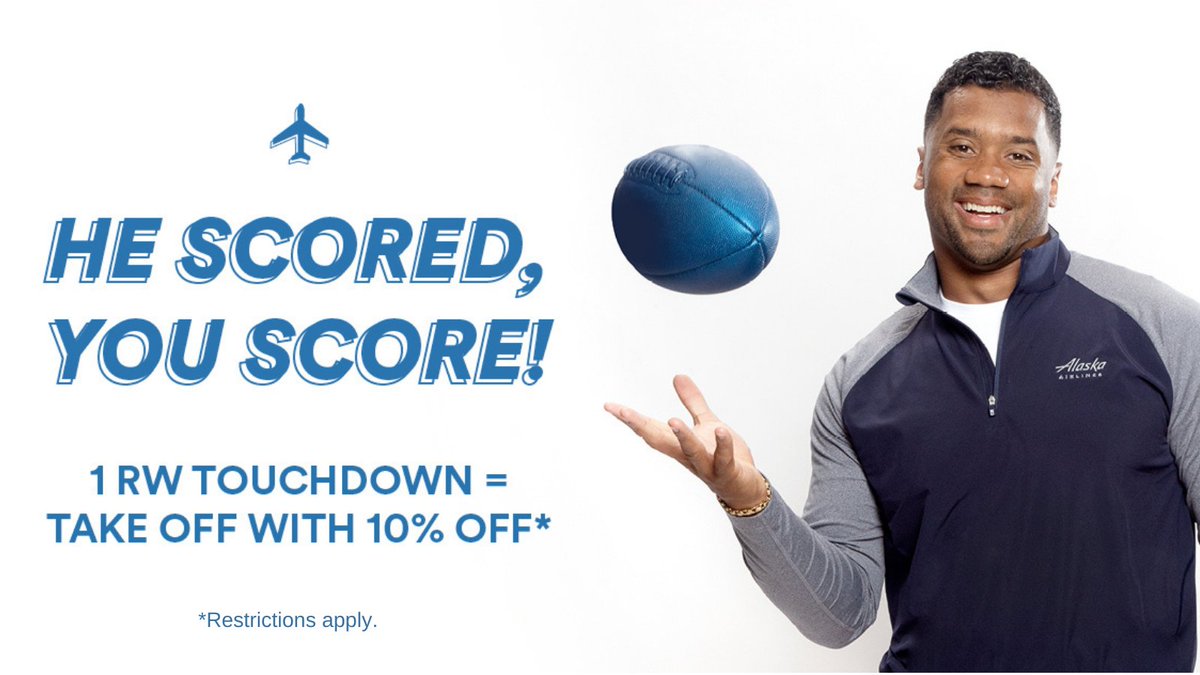AlaskaAir's tweet photo. Game’s over &amp; @DangeRussWilson scored you a deal! Act fast &amp; take off with 10%* off flights from 1/5/21-5/19/21 using discount code RUSS10. Plus, 10% off* First Class travel! *Terms apply. Purchase by Monday, 12/7/20 before 11:59pm PT. Book now: https://t.co/295xVAQLWL https://t.co/Cr22bPgbkR