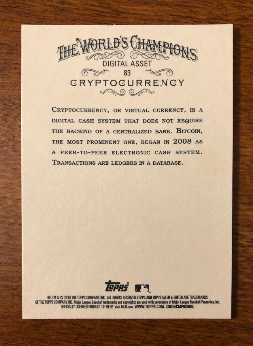 geophphreigh's tweet photo. Geo Collection
#96. Allen and Ginter X
This 2018 @Topps Allen &amp; Ginter baseball card honors the rise of cryptocurrency with card #83. The striking black card is from a special online only release of the cards designated “X”.  #BTC #cryptocollectibles https://t.co/BYGFmcjrk6