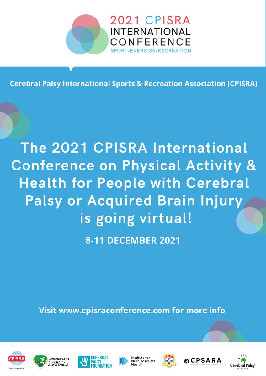 Disability Sports AU (@dissportsaus) on Twitter photo The 2021 CPISRA International Conference of Physical Activity and Health for People with Cerebral Palsy and Acquired Brain Injury is going virtual!
Follow the link to learn more: cpisraconference.com/news/2021-cpis…
@CPISRA <a href="/msk_health/">Institute for Musculoskeletal Health</a> <a href="/yourcpf/">Cerebral Palsy Foundation</a> <a href="/CPAllianceAU/">Cerebral Palsy Alliance</a> The 2021 CPISRA International Conference of Physical Activity and Health for People with Cerebral Palsy and Acquired Brain Injury is going virtual!
Follow the link to learn more: cpisraconference.com/news/2021-cpis…
@CPISRA <a href="/msk_health/">Institute for Musculoskeletal Health</a> <a href="/yourcpf/">Cerebral Palsy Foundation</a> <a href="/CPAllianceAU/">Cerebral Palsy Alliance</a>