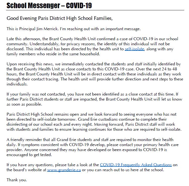 COVID-19 News: this message (bit.ly/3ooMuW8) is being shared with students, staff & families at Paris District High School tonight. For general COVID-19 information: bit.ly/3mL6i6g