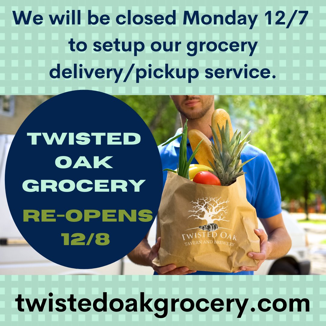 TwistdOakTavern's tweet image. Both locations closing to tomorrow 12/7 in order to pivot to our grocery delivery service.  Delivery to Conejo Valley, Camarillo and Somis.
Order by midnight Monday for delivery Tuesday.
twistedoakgrocery.com