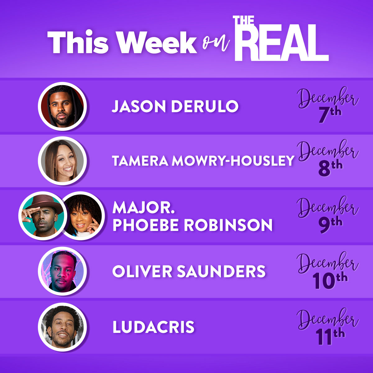 <a href="/TameraMowryTwo/">Tamera Mowry-Housley</a>  is here this week and we couldn’t be more excited! Plus, <a href="/jasonderulo/">Jason Derulo</a>, <a href="/nowthatsMAJOR/">MAJOR.</a>, <a href="/dopequeenpheebs/">Phoebe Robinson</a>, and @GarcelleB's son, singer <a href="/BamEverythin/">Oliver Saunders</a> , stop by! Then we kick off the weekend with <a href="/Ludacris/">Ludacris</a>!