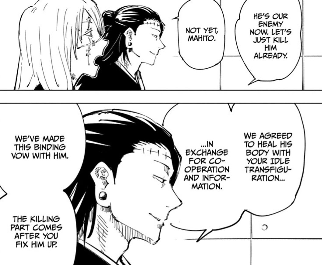 Geto is continuously shown to speak about binding vows a lot. He was the first to allude to using a binding vow in the manga when he mentioned Sukuna & Yuji’s situation. We also continuously learn more about binding vows throughout the series because of him.