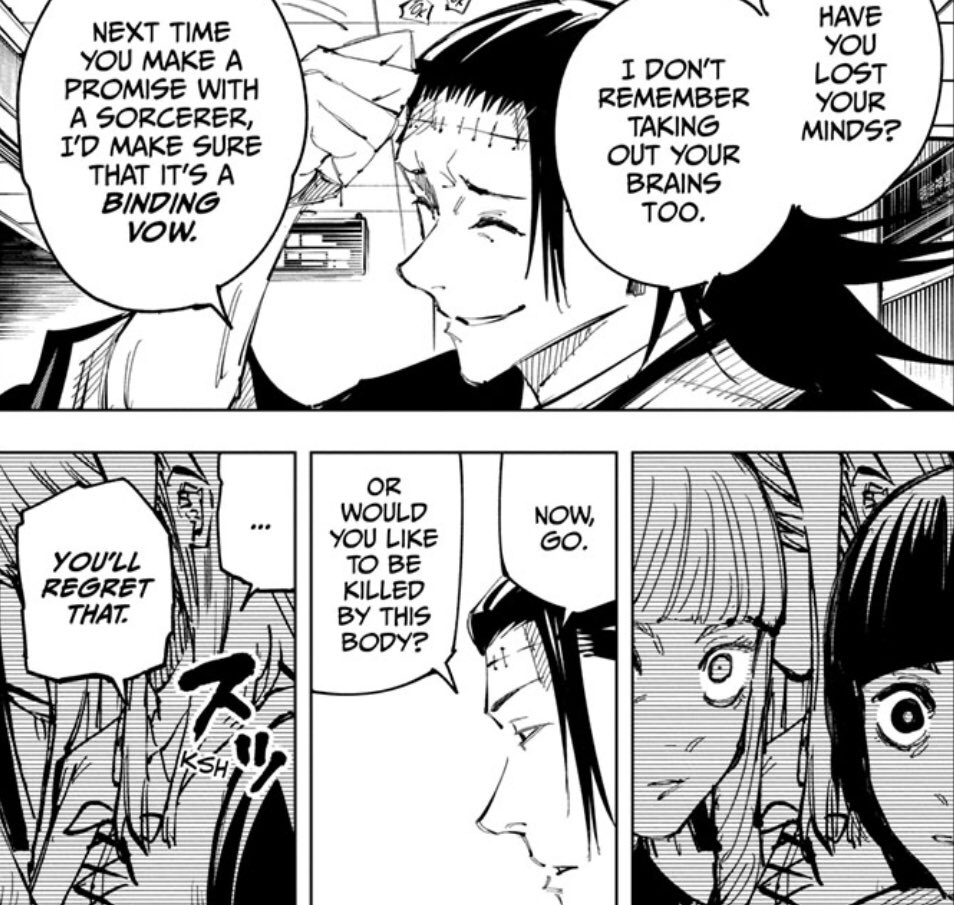 Geto is continuously shown to speak about binding vows a lot. He was the first to allude to using a binding vow in the manga when he mentioned Sukuna & Yuji’s situation. We also continuously learn more about binding vows throughout the series because of him.