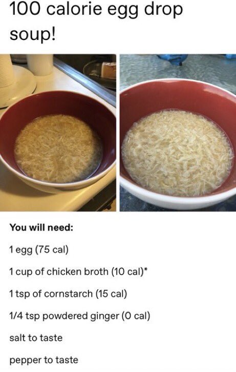 ——SoupSoup is one of my biggest safe foods ever, literally why is it so underrated in edtwt? It's incredibly easy to find low cal soup recipes everywhere with every recipe being less that 50 or 100 cals, and also extremely filling and delicious. Here are some of my fav recipes!