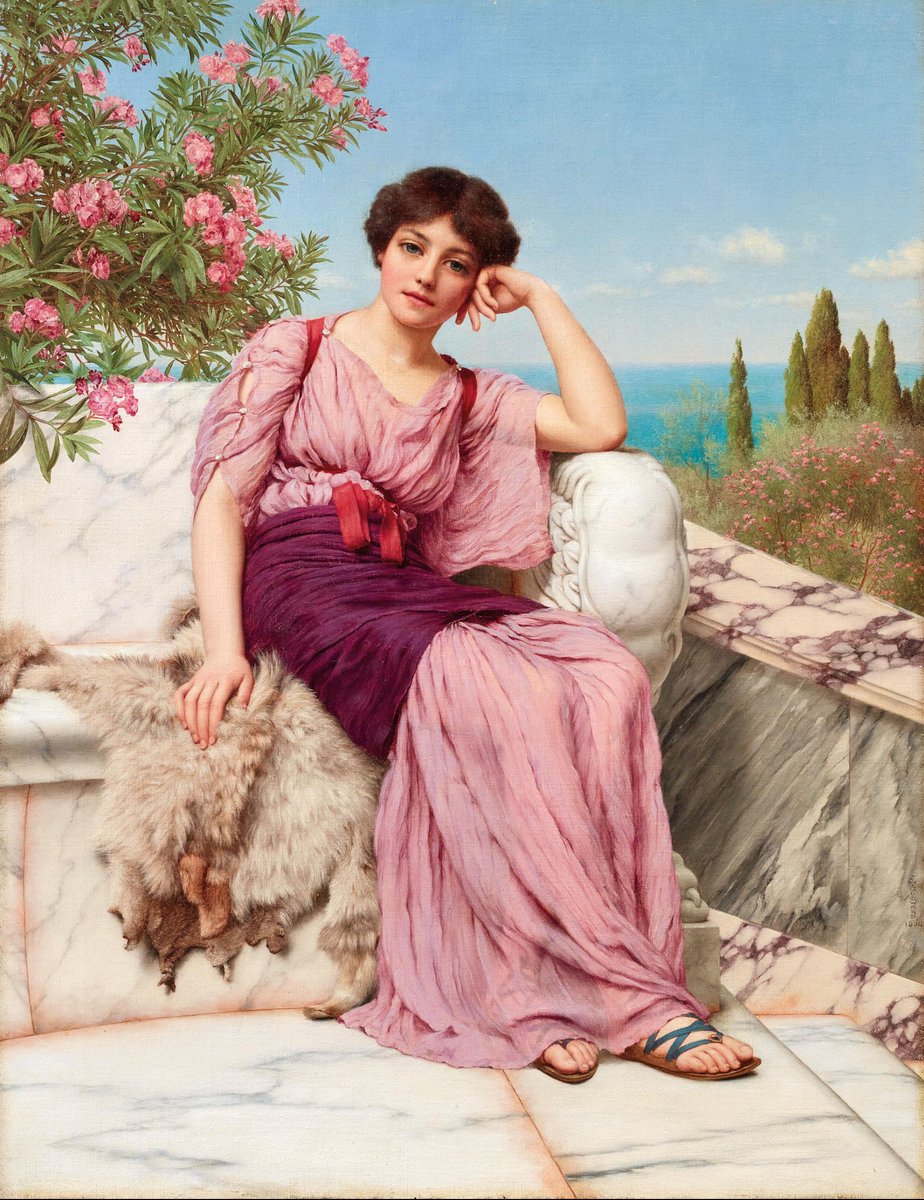 Godward is not well known. Few of his works survive but his technique is stunning. - The architecture- The flow of fabric- The vibrant colorsNote the attention to detailCreating idealized beauty is his one and only goal.