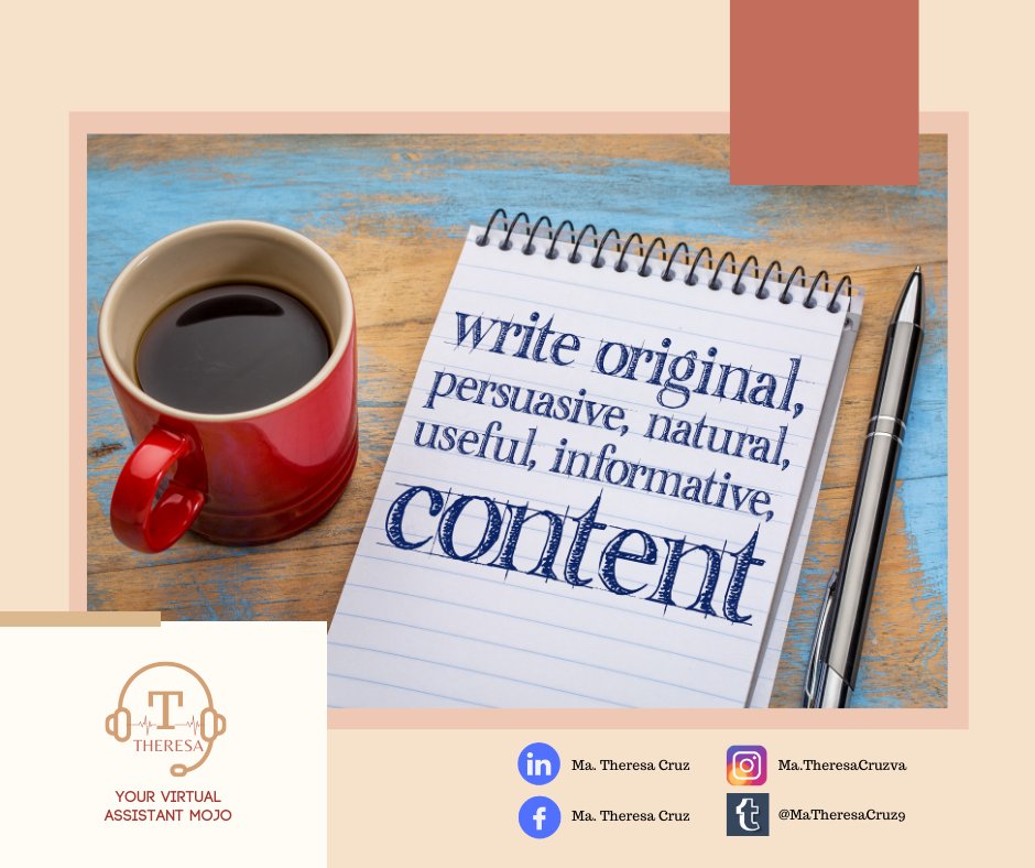 MaTheresaCruz9's tweet photo. Want to direct visitors to your company's website? Write engaging contents.
#virtualassistant #workfromhome #vaservice #outsource #business #success
#virtualassistantforhire #contentwriting #creative https://t.co/OPZyjEt8IA