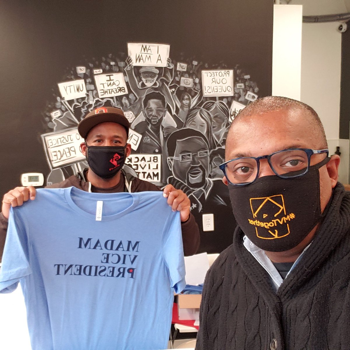 KR_MVTCID's tweet photo. Closed out #iBuyDC this weekend w/a trip to Petworth Ace, dinner from la Betty & a stop-in at the Bailiwick pop-up to grab these Madam Vice President tees for special women in our lives. All while rocking a #MVTogether mask that we collaborated w/JC & Stacy last spring to make. https://t.co/e7914IIKXr