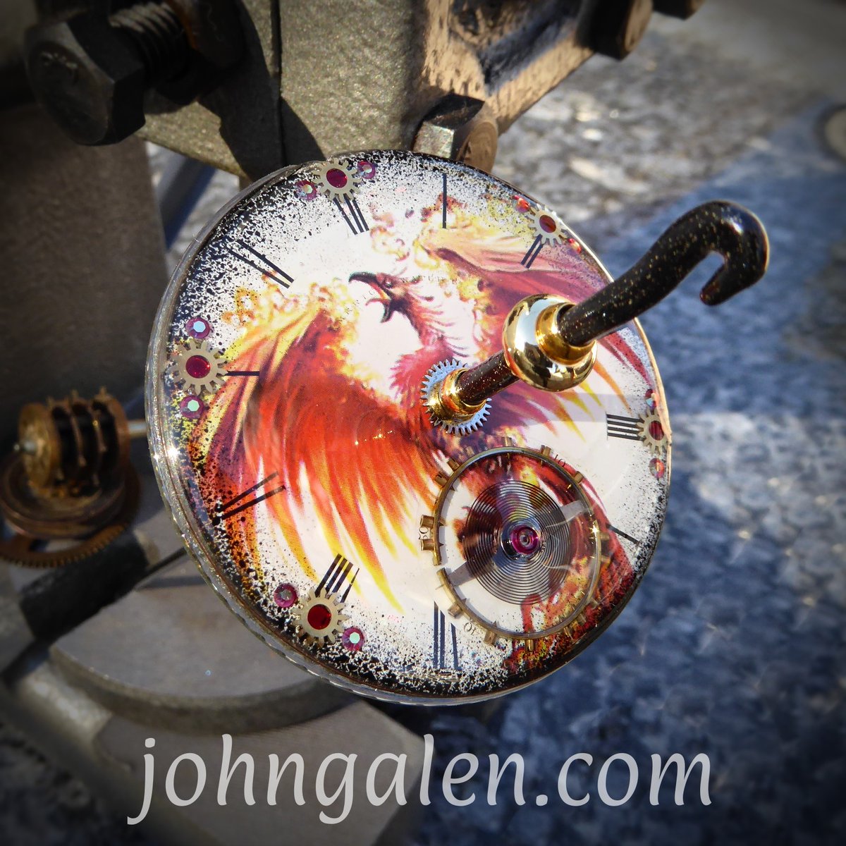 JGalenDesigns's tweet photo. Hi all! Long absence from Twitter for me - so I aim to start posting some of my recent works here. This: Steampunk Drop Spindle w/1866 American Watch Co. Dial all dolled up in Phoenix artwork :-) https://t.co/JN2UpMxE4k