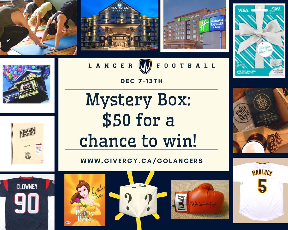 UWLancerFB's tweet photo. Why not let the 🎲 fly and pickup up a mystery box 📦❓
✖️
Here’s some of the items you might find in your 📦. There’s even talk of a boat 🚤!
✖️
🔗 is in our bio!
✖️
#LancerAuction #LancerFamily #LancerWay #ExE #BCGS🔵🟡 https://t.co/1DAmxQmo3P