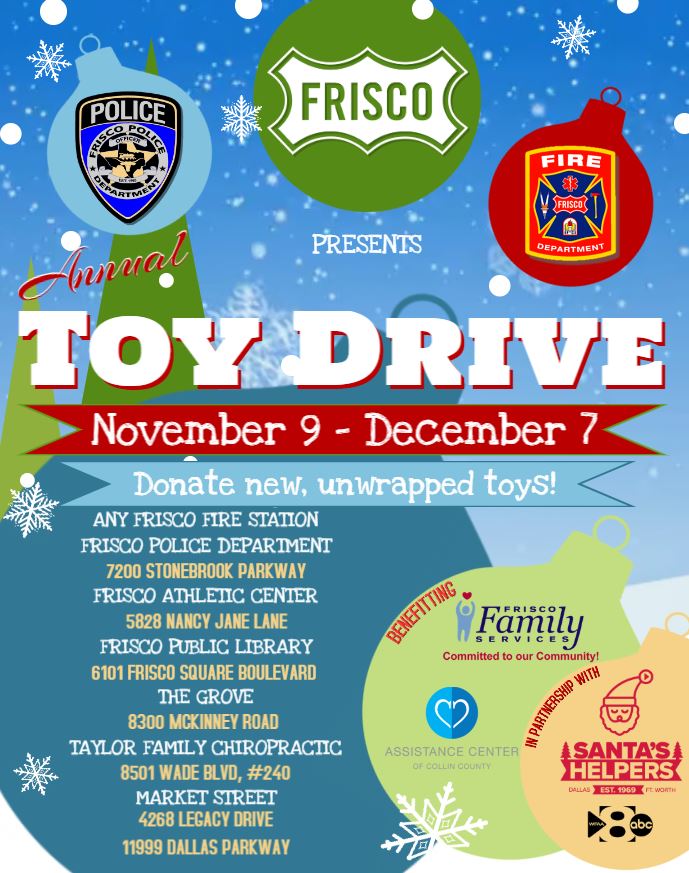 FriscoPD's tweet photo. Don't forget!  Monday, Dec 7 is the last day to donate a new, unwrapped toy at one of our locations around the city. 

Also, Monday, Dec 14 is the last day to donate to our Treats for the Troops drive. Donations accepted at the PD.

Thanks to everyone for supporting these events! https://t.co/H6mZZH3Toy
