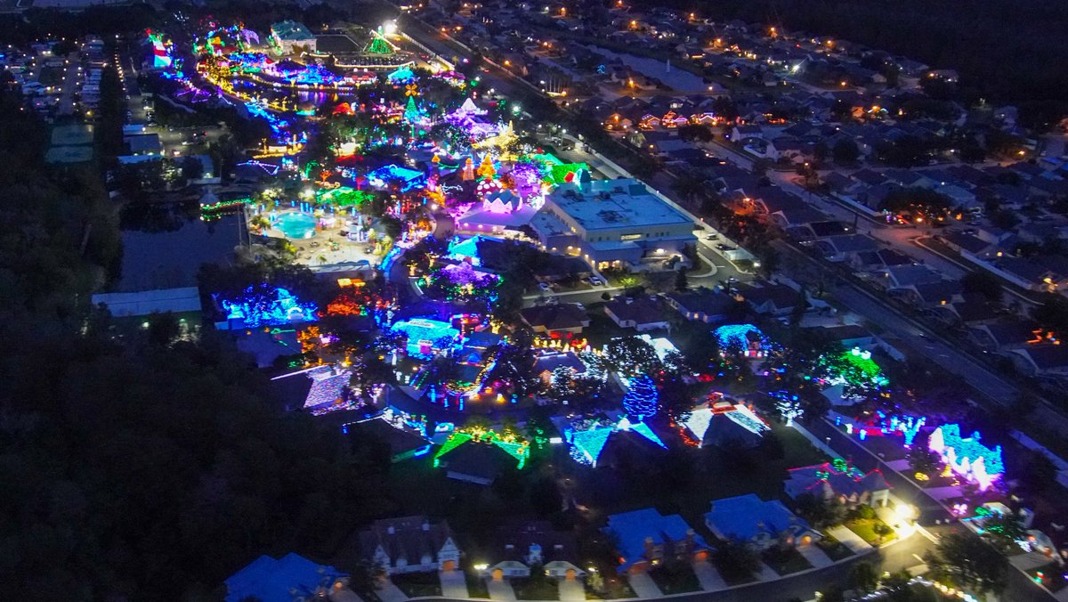 bioreconstruct's tweet image. This aerial seems to have all of the lighted buildings of A Night of a Million Lights event @GKTWVillage Many of the remaining nights are sold out.