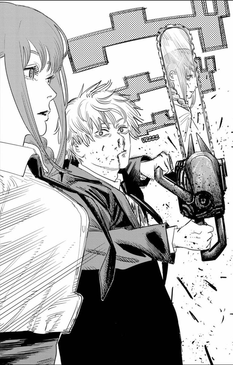 ZenithAni's tweet photo. Makima reflected in the chainsaw in both the header on Viz and in the latest chapter #chainsawman96 #chainsawman https://t.co/Xf8P7IGszi