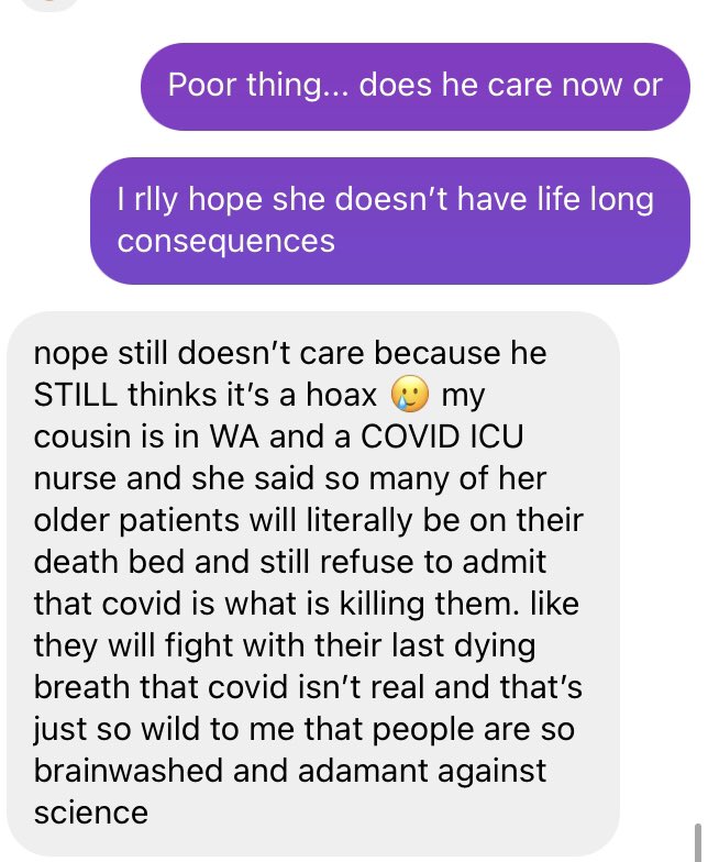My friend’s uncle getting covid and still going out and infecting his wife and exposing his tenants + her cousin is a covid nurse and said how patients literally will refuse they’re dying from covid till their last breath.