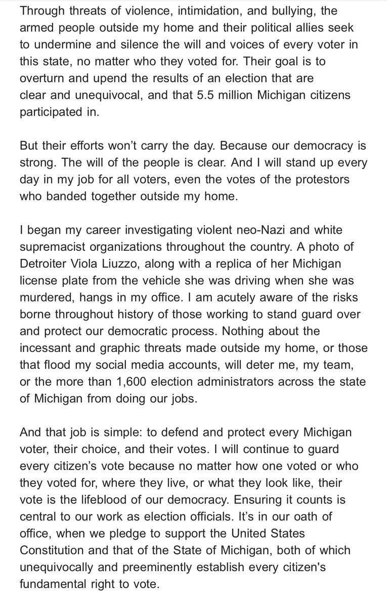 NEW: Secretary of State Jocelyn Benson says armed individuals were standing outside her home last night while threatening her and her family. Full statement: