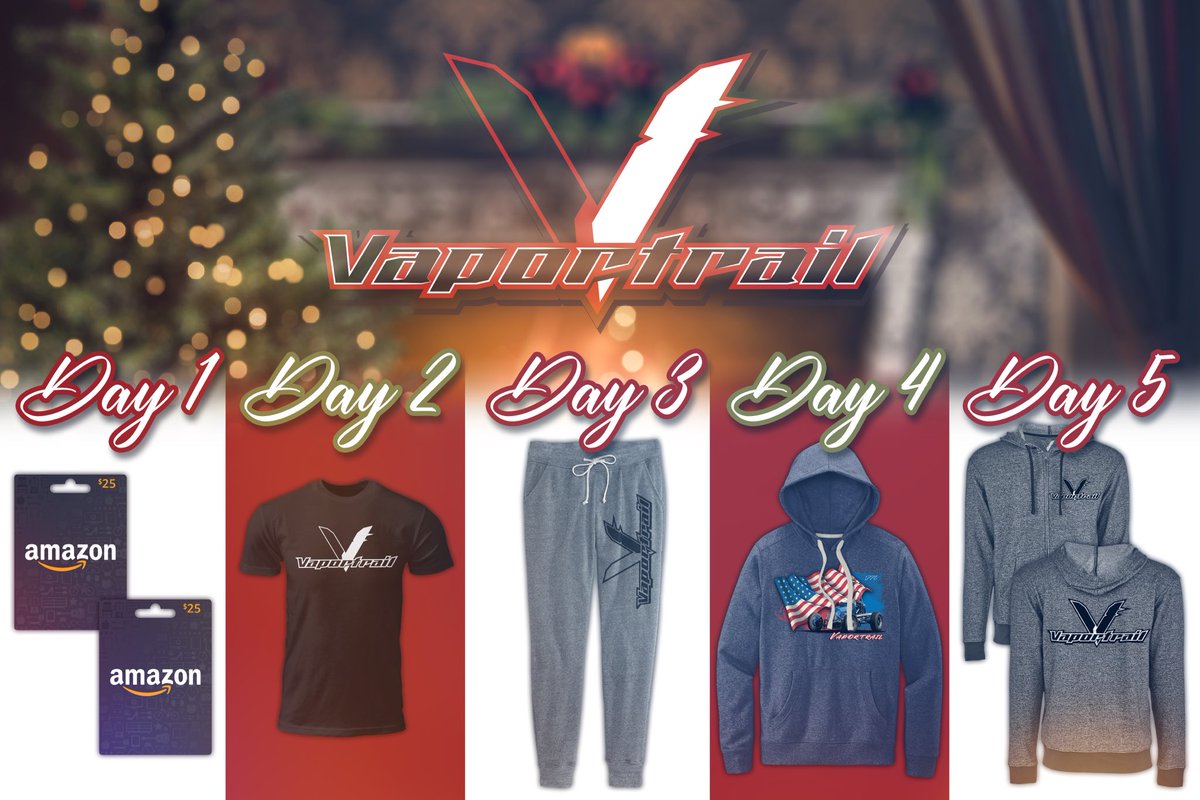 🎄 The 5 days of Vaportrail 🎄 

RETWEET this and FOLLOW us to automatically be entered for all 5 days of giveaways. Day 1 is Monday!

Day 1 - Two $25 Amazon Gift Cards
Day 2 - A Original 2.0 T-Shirt
Day 3 - Women’s Jogger
Day 4 - USA Fleece Sweatshirt
Day 5 - Logo Fleece Zip-Up