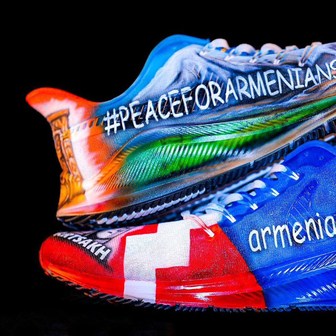 MatthewJWelty's tweet photo. After today's win, Cam Newton brought out custom sneakers, which belong to Berj Najarian, the team's director of football, who's Armenian. The sneakers are currently up for auction, going for over $4,000, with all the proceeds going to Armenia. Bid here: https://t.co/XCVS7u8i0W https://t.co/K1nV6jgumU