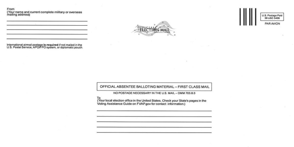 TokyoFvap's tweet photo. #Georgia Voters: FVAP provides a postage-paid template for you to print out on any blank envelope so you can mail your voting materials to your elections office. Find it here: https://t.co/w7OtTI8mgN https://t.co/qmDneyDwbX