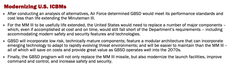I’m a broken record on this, but the claim GBSD would be less expensive than extending Minuteman III assumes the need to deploy 400 ICBMs into the 2070s. The MMIII can't be extended to 2075. Note though DoD doesn't say extending MMIII is impossible (which is what the NPR said).