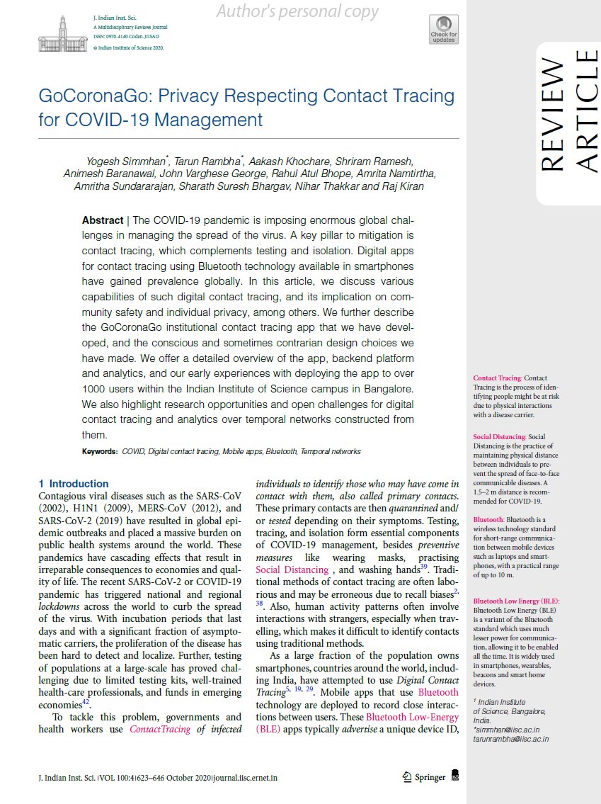 Our article on #GoCoronaGo institution-level #covid19 #contact #tracing has appeared in the 100th volume of the Journal of IISc #JIISc 
link.springer.com/article/10.100…

Pilot deployments are on at #IISc #IITJ and #IIITH . Download it from Google Play: 
play.google.com/store/apps/det…