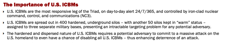 The claim that ICBMs are more responsive than SLBMs is…debatable. The deterrence benefits cited from having 400 ICBMs could also be had with…fewer ICBMs.