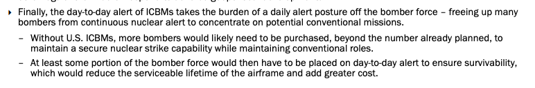 Except the Pentagon still hasn’t decided how many bombers it plans to purchase. And why would at least some bombers have to go on day-to-day alert in the absence of ICBMs? Possibly go on alert earlier in a conflict or crisis? Ok. But why day-to-day alert?