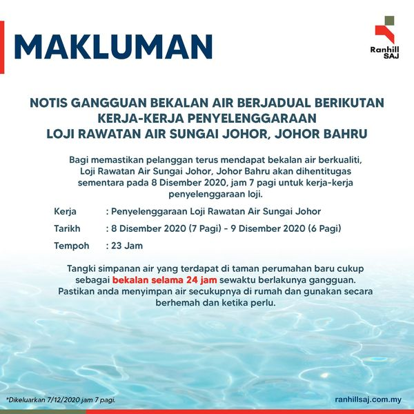 Hazrey Ø¯Ø± ØªÙˆÛŒÛŒØªØ± Johorbahru Terdapat Gangguan Bekalan Air Sebagaimana Notis Dikeluarkan Ranhill Saj Semalam Bagi Kerja Penyelenggaraan Selama 23 Jam Pada 8hb Dan 9hb Disember Https T Co Aljkpmmhkh